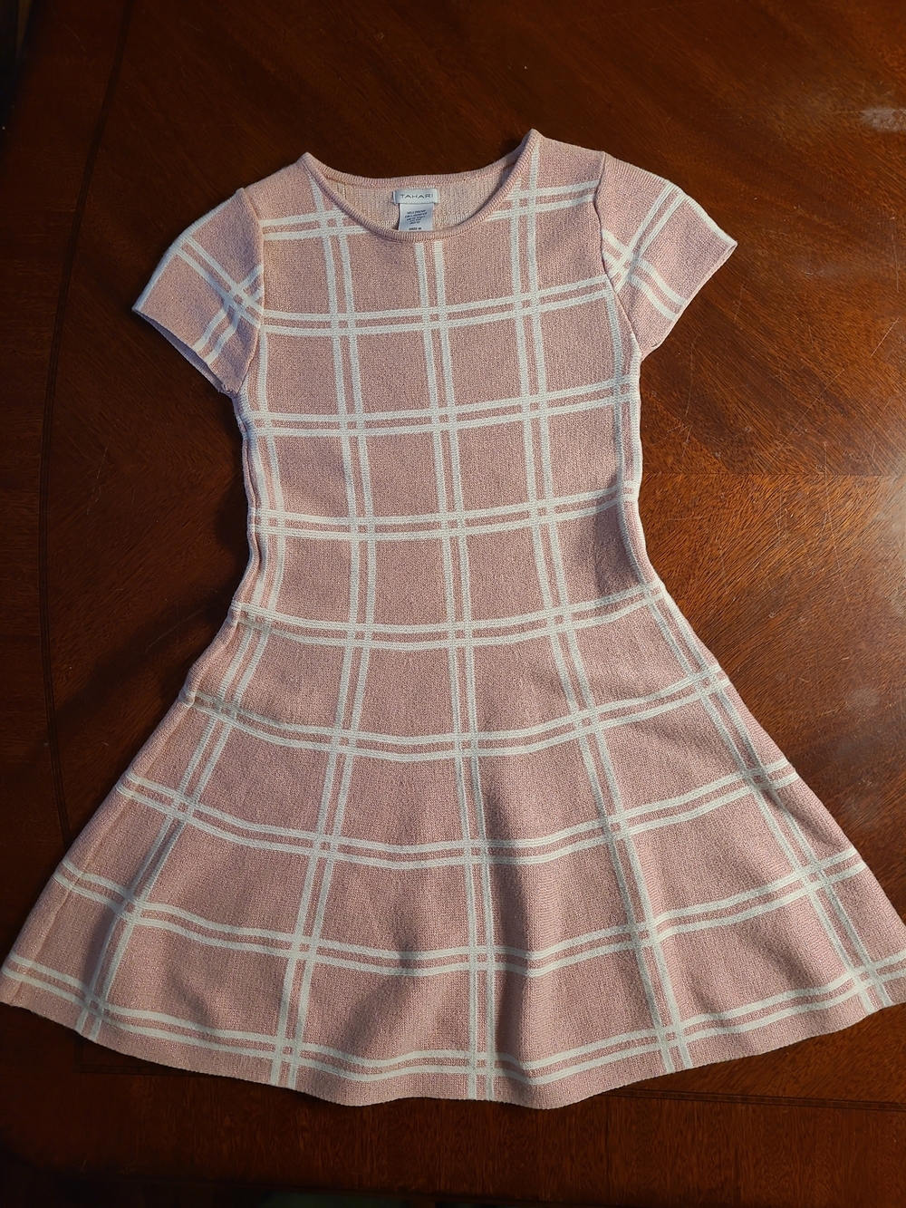 Tahari Girls Pink and White Windowpane Grid Knit Sweater Dress Size L (10/12)